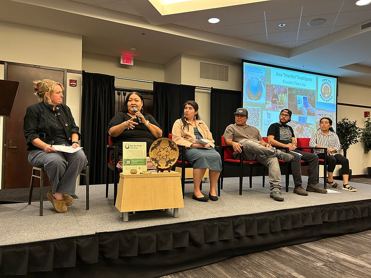 CNNCTS panelists seated in chairs on a stage as Ana Gloria (Martha) Rodriguez speaks. Powerpoint slide of panelist introduction displayed behind panelists.